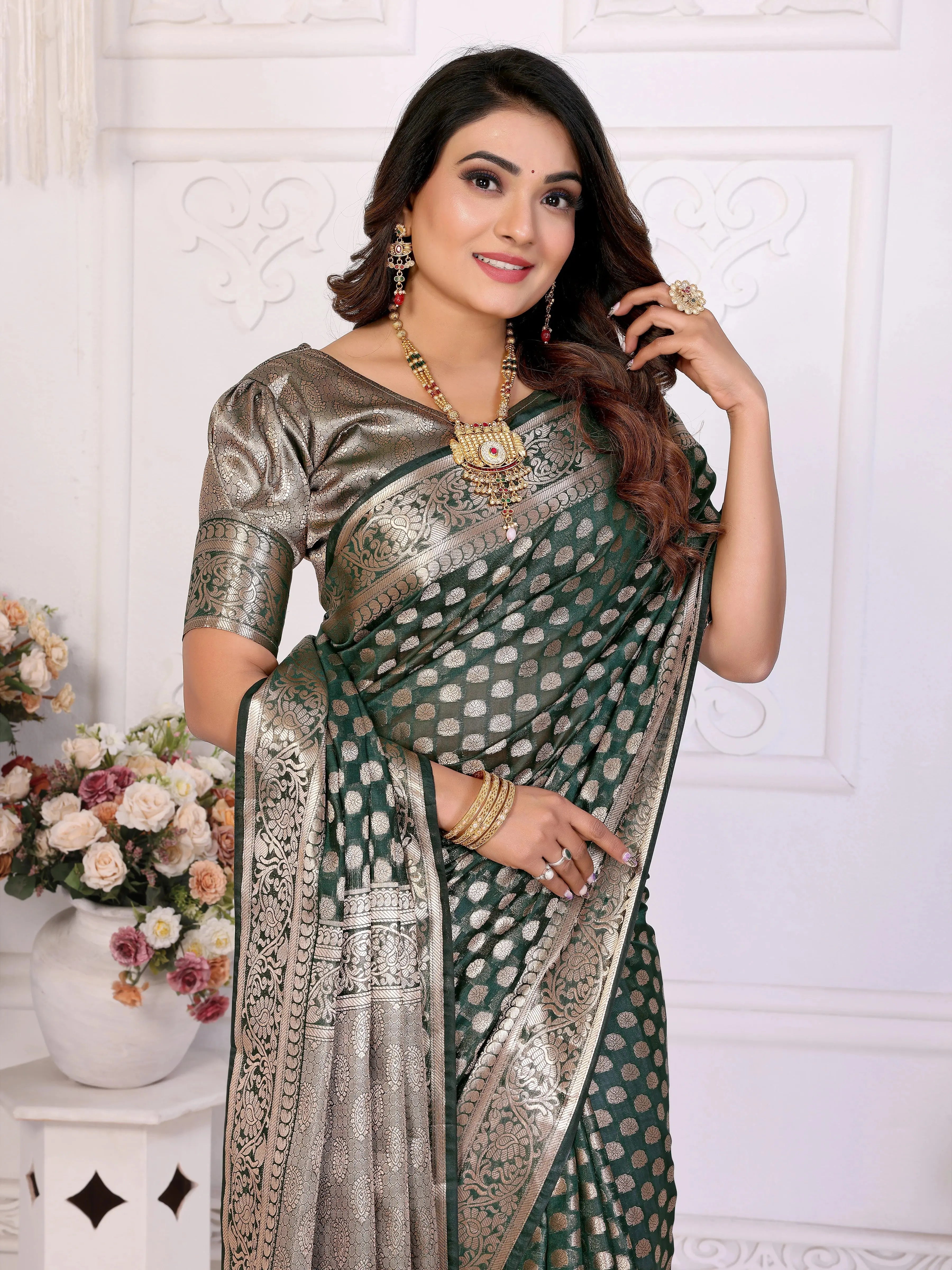 Dark Green Gold Zari Weaving Soft Organza Banarasi Silk Saree – Kalyanja